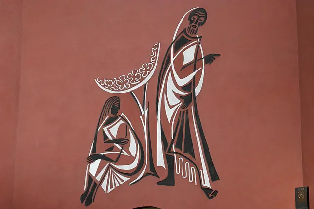 Moderne religiöse Kunst, schwarz-weiße Figuren.