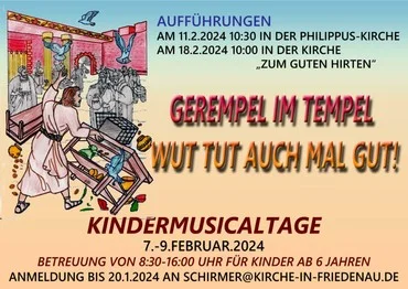 Deutsches Musicalplakat: Jesus stürzt Tische um.