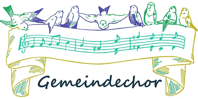 Illustration bunter Vögel auf Notenlinien mit „Gemeindechor“.