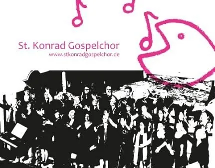 St. Konrad Gospelchor Auftritt mit singendem Fischgrafik.